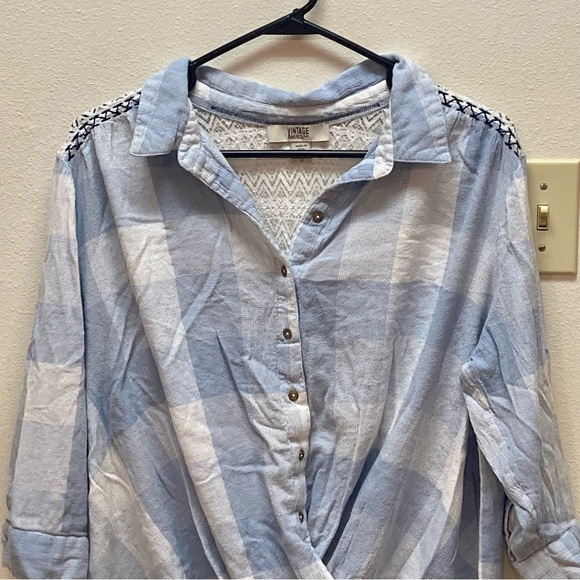 Vintage America Blues Striped Plaid Lace Chambray Button Wrapped Blouse Size 1X - Picture 3 of 11